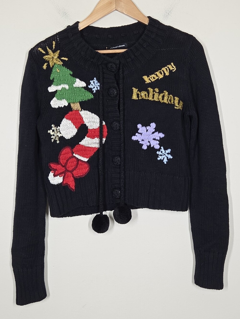 NWT Michael Simon Black Happy Holidays Embroidered Cardigan M Christmas Novelty